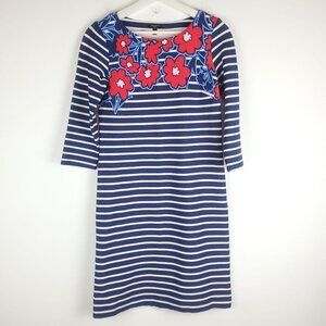 TALBOTS S Petite Knit Sheath dress Floral‎ 3/4 sleeve blue white stripes